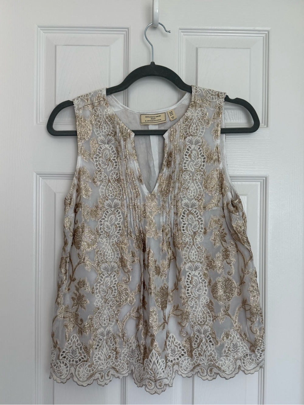 Moulinette Soeurs Ivory Shell Top with Gold Floral Embroidery Size 2